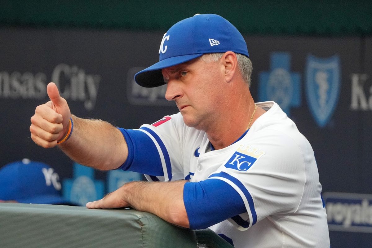 Jul 24, 2024; Kansas City, Missouri, USA; Kansas City Royals manager Matt Quatraro (33) gives a thumbs up to a player against the Arizona Diamondbacks prior to a game at Kauffman Stadium. Mandatory Credit: Denny Medley-USA TODAY Sports