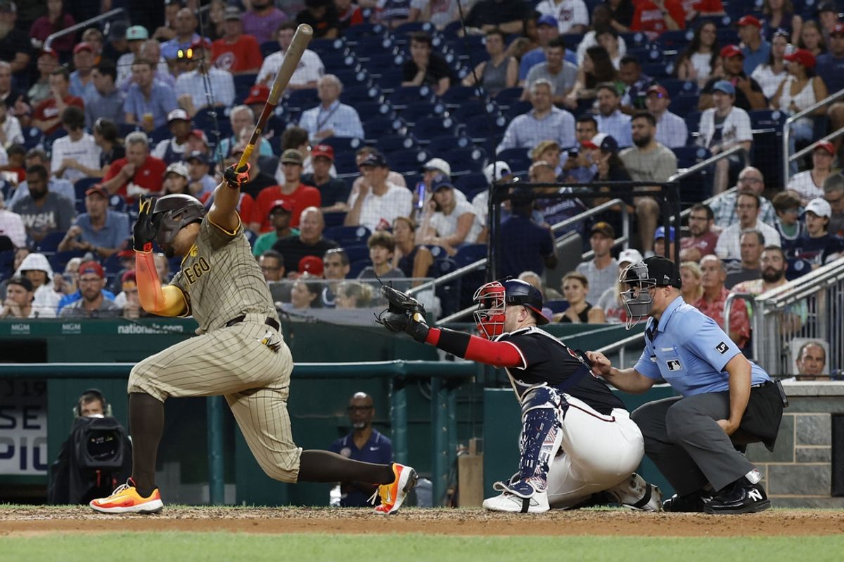 Jul 24, 2024; Washington, District of Columbia, USA; San Diego Padres second baseman Xander Bogaerts (2) singles against the Washington Nationals during the fifth inning at Nationals Park. Mandatory Credit: Geoff Burke-USA TODAY Sports