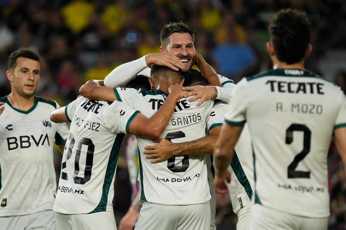 Jul 24, 2024; Columbus, OH, USA; Liga MX players celebrate a goal during the MLS All-Star Game at Lower.com Field.