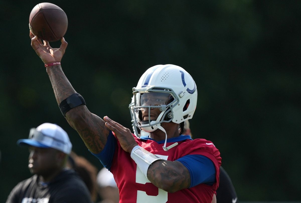 Indianapolis Colts quarterback Anthony Richardson (5) throws the ball during the first day of the Indianapolis Colts’ training camp Thursday, July 25, 2024, at Grand Park Sports Complex in Westfield.