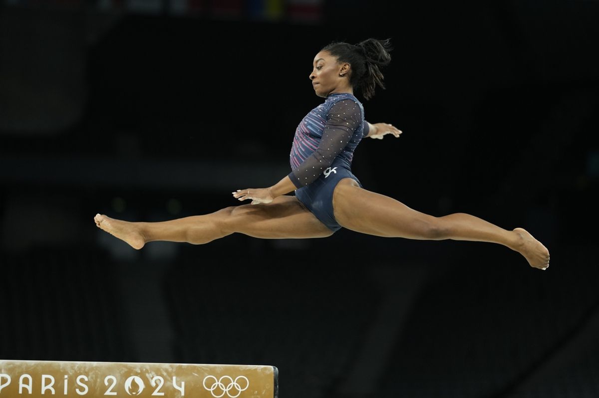 Jul 25, 2024; Paris, France; Simone Biles during a practice session before the Paris 2024 Olympic Summer Games at Bercy Arena. Mandatory Credit: Kyle Terada-USA TODAY Sports