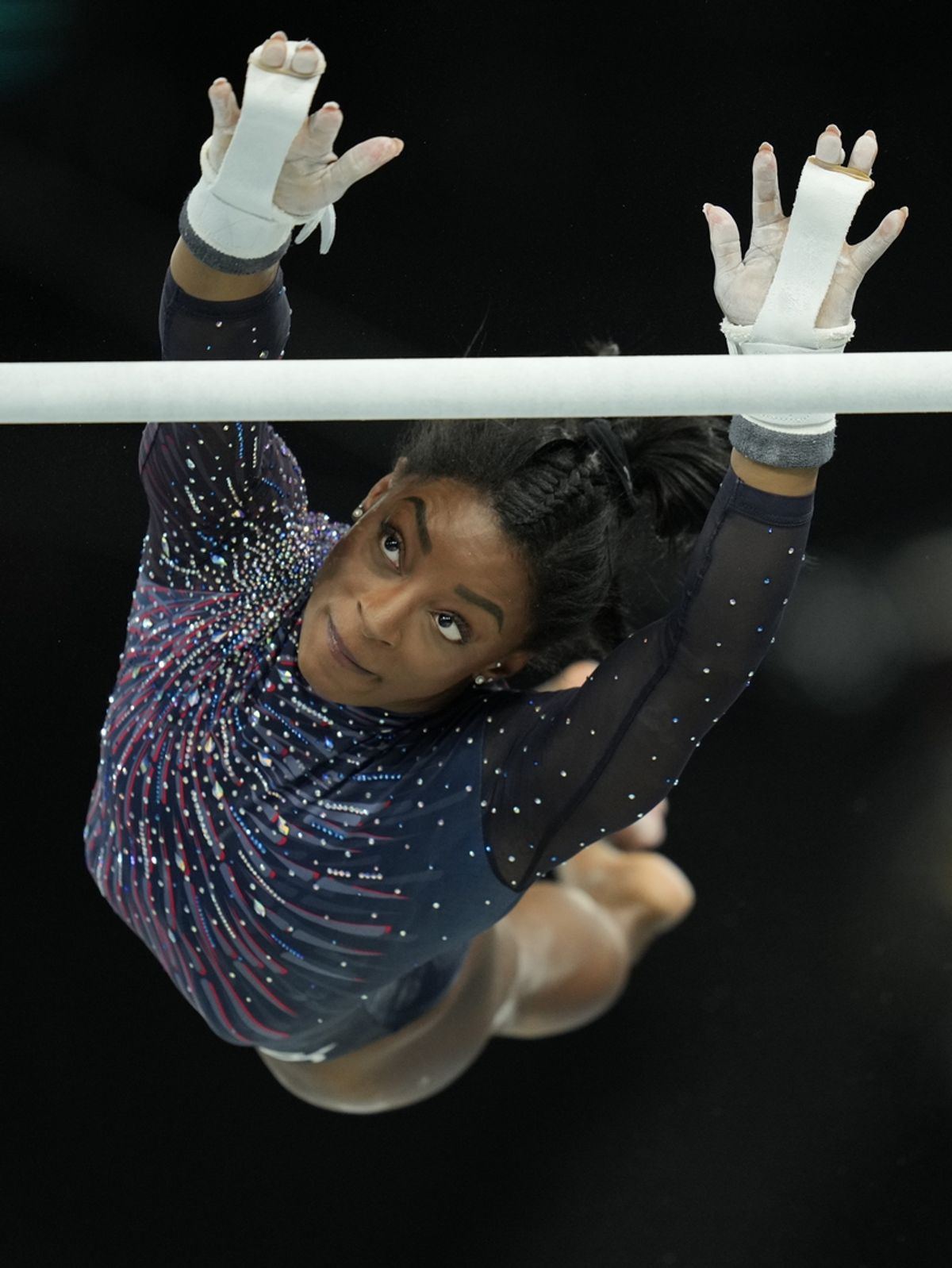 Simone Biles during a practice session before the Paris 2024 Olympic Summer Games at Bercy Arena. Mandatory Credit: Kyle Terada-USA TODAY Sports