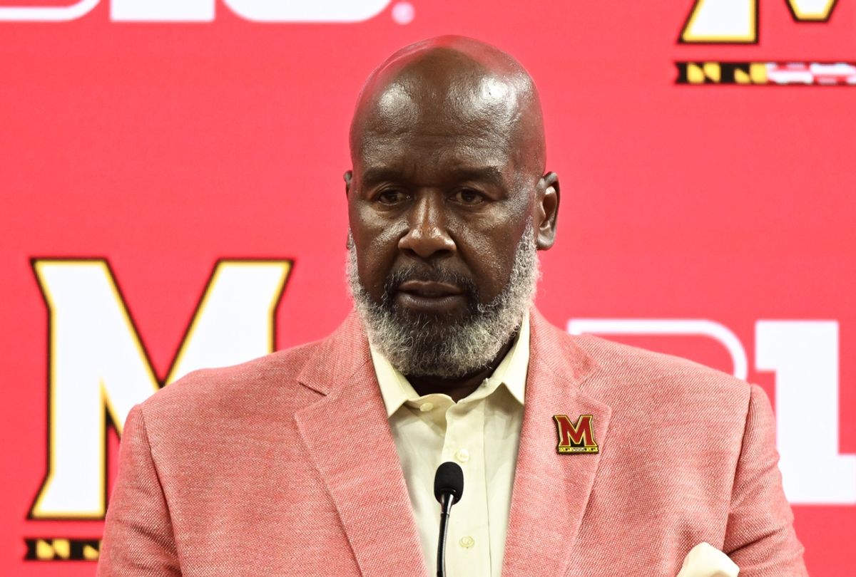 Jul 25, 2024; Indianapolis, IN, USA; Maryland Terrapins head coach Mike Locksley speaks to the media during the Big 10 football media day at Lucas Oil Stadium. Mandatory Credit: Robert Goddin-USA TODAY Sports