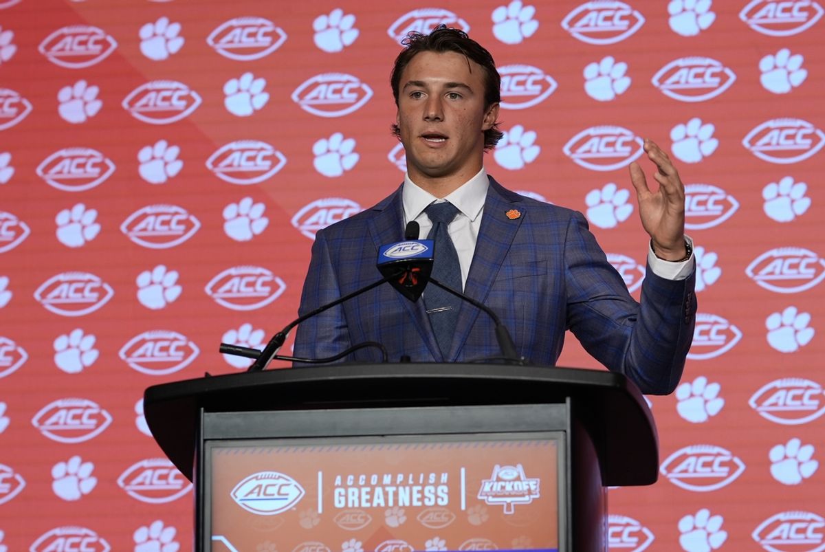 Jul 25, 2024; Charlotte, NC, USA;  Clemson Tigers quarterback Cade Klubnik speaks to the media during the ACC Kickoff at Hilton Charlotte Uptown. Mandatory Credit: Jim Dedmon-USA TODAY Sports