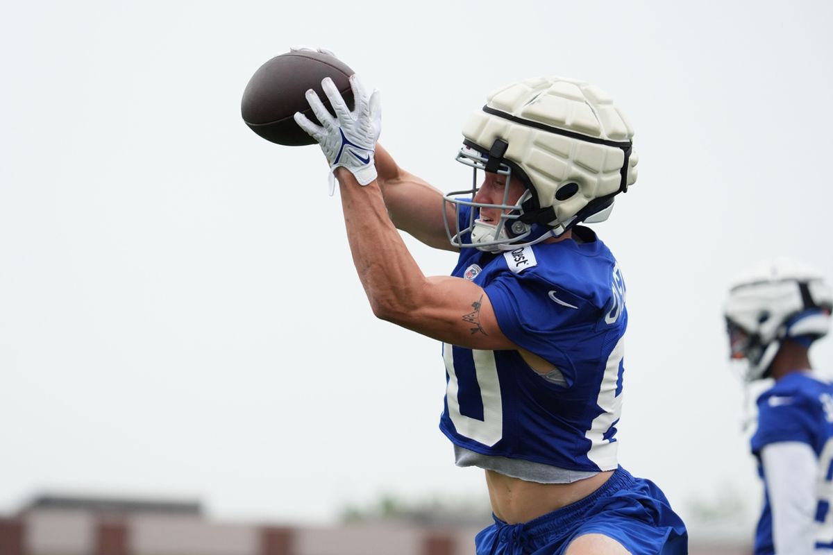 Jul 25, 2024; East Rutherford, NY, USA; New York Giants wide receiver Gunner Olszewski (80) catches a pass during training camp at Quest Diagnostics Training Center. Mandatory Credit: Lucas Boland-USA TODAY Sports