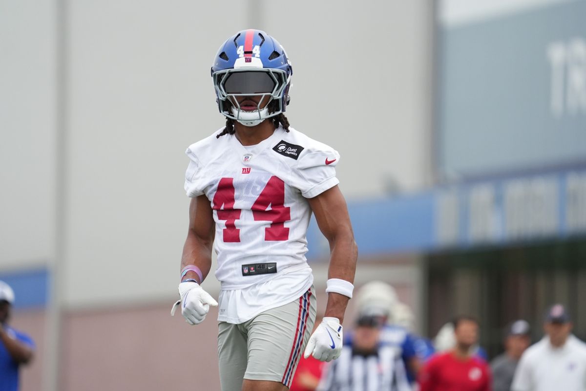 Jul 25, 2024; East Rutherford, NY, USA; New York Giants cornerback Nick McCloud (44) participates in a drill during training camp at Quest Diagnostics Training Center. Mandatory Credit: Lucas Boland-Imagn Images
