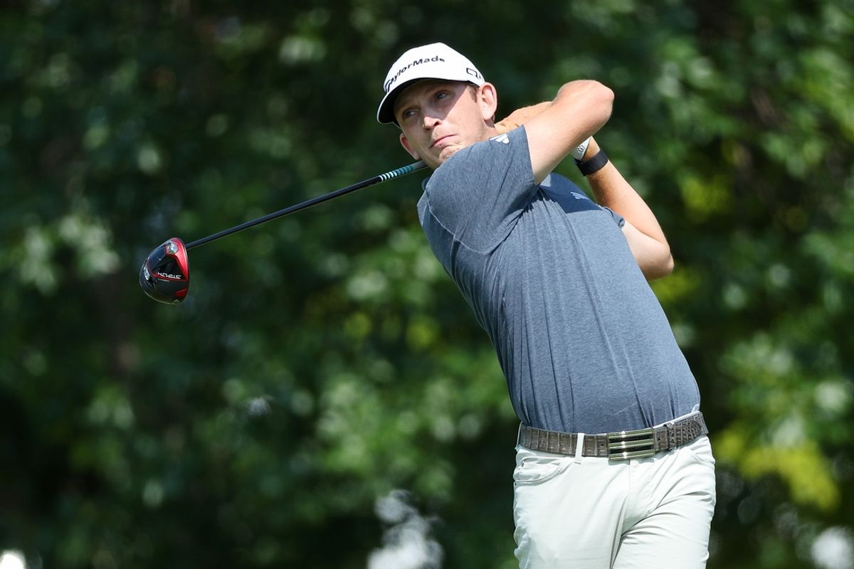 Jul 25, 2024; Blaine, Minnesota, USA; Jacob Bridgeman hits his tee shot on the tenth hole during the first round of the 3M Open golf tournament. Mandatory Credit: Matt Krohn-USA TODAY Sports