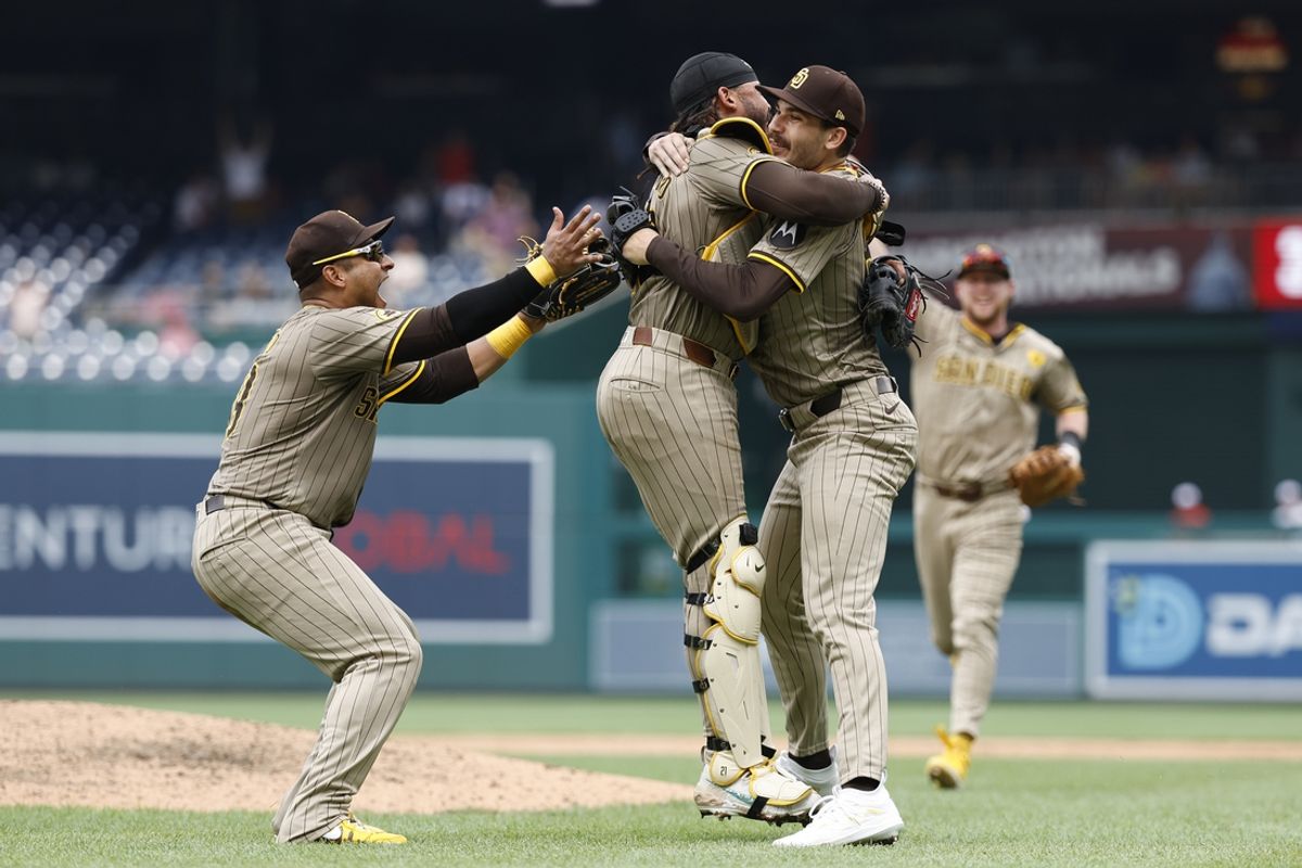 Jul 25, 2024; Washington, District of Columbia, USA; San Diego Padres starting pitcher Dylan Cease (84) celebrates with teammates after the final out of a no-hitter against the Washington Nationals at Nationals Park. Mandatory Credit: Geoff Burke-USA TODAY Sports