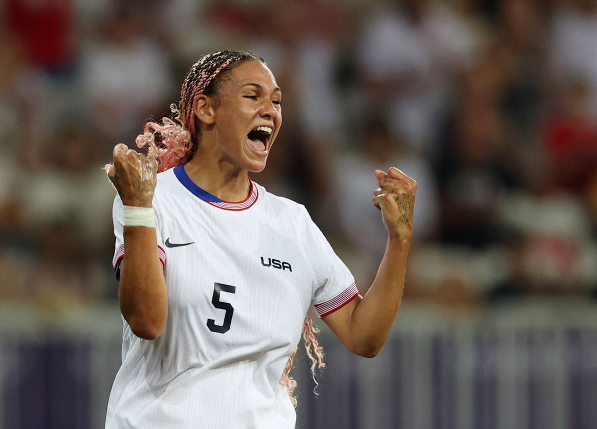 (File photo) Trinity Rodman of United States celebrates after scoring the first goal against Zambia in a women's Group B match during the Paris 2024 Olympic Summer Games at Allianz Riviera. Mandatory Credit: Raquel Cunha/Reuters via USA TODAY Sports