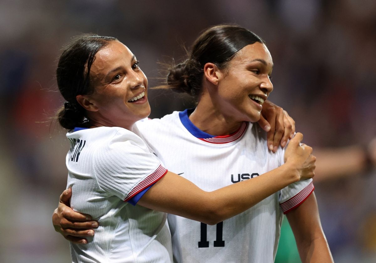Jul 25, 2024; Nice, France; Mallory Swanson of United States celebrates scoring a goal with Sophia Smith against Zambia in a women's Group B match during the Paris 2024 Olympic Summer Games at Allianz Riviera. Mandatory Credit: Raquel Cunha/Reuters via USA TODAY Sports