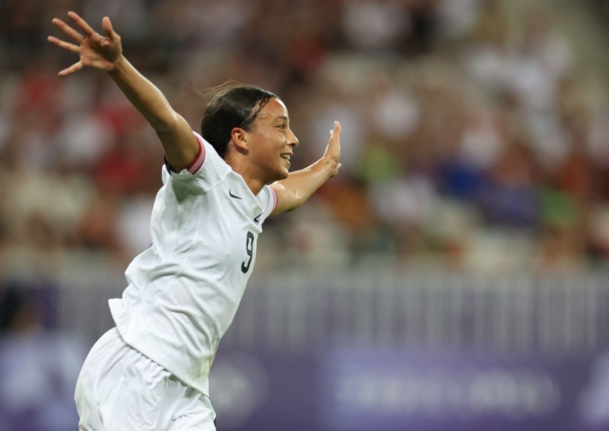 Jul 25, 2024; Nice, France; Mallory Swanson of United States celebrates scoring their second goal against Zambia in a women's Group B match during the Paris 2024 Olympic Summer Games at Allianz Riviera. Mandatory Credit: Raquel Cunha/Reuters via USA TODAY Sports