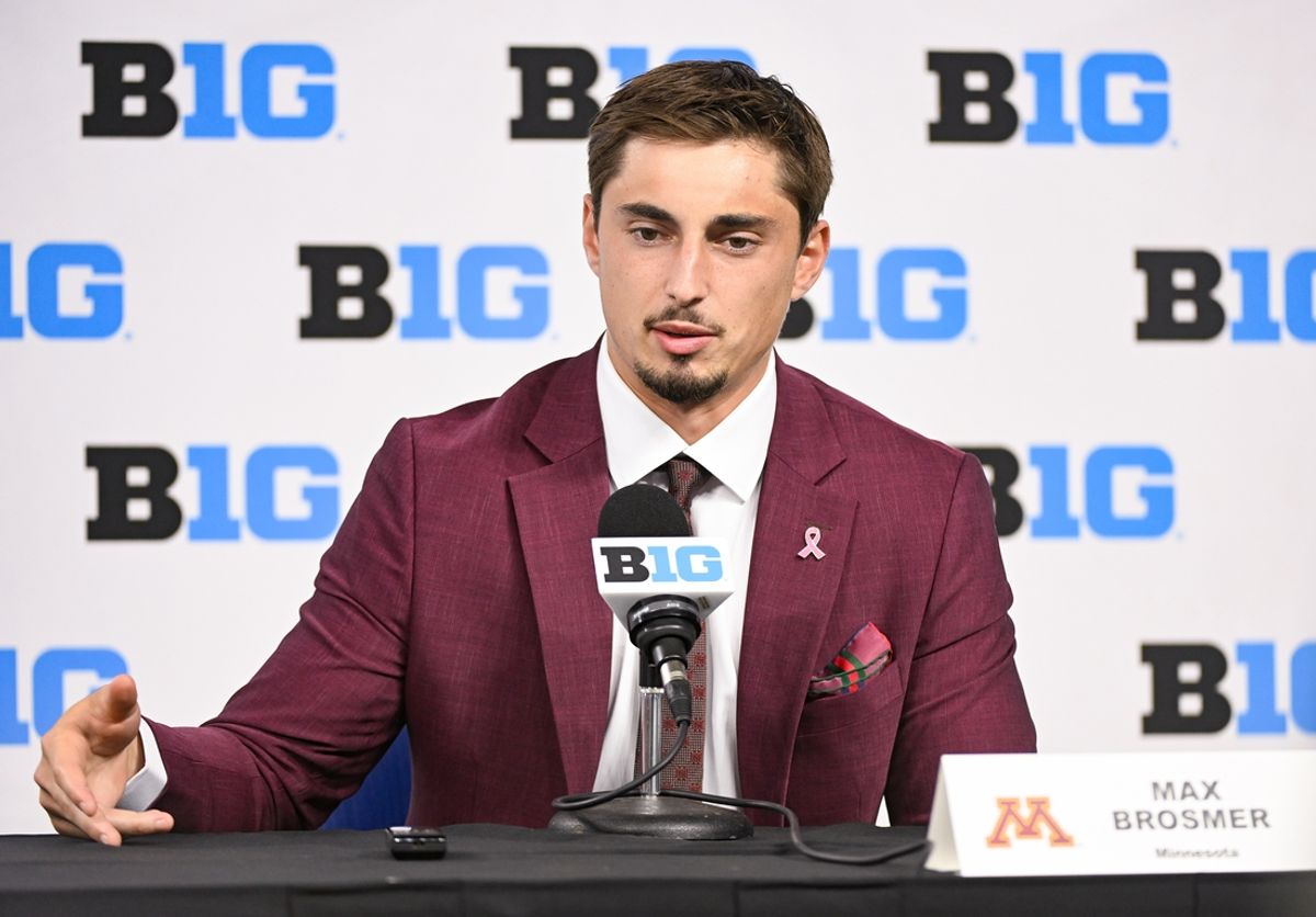 Jul 25, 2024; Indianapolis, IN, USA; Minnesota Golden Gophers quarterback Max Brosmer speaks to the media during the Big 10 football media day at Lucas Oil Stadium. Mandatory Credit: Robert Goddin-USA TODAY Sports
