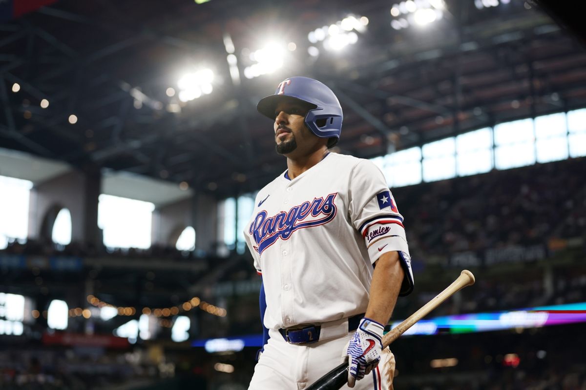 Jul 25, 2024; Arlington, Texas, USA;  Texas Rangers second base Marcus Semien (2) walks up to the batters box in the third inning against the Chicago White Sox at Globe Life Field. Mandatory Credit: Tim Heitman-USA TODAY Sports