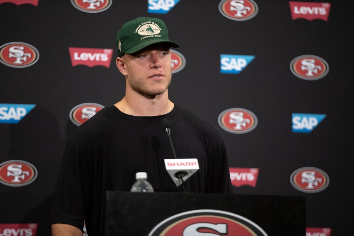 Jul 25, 2024; Santa Clara, CA, USA; San Francisco 49ers running back Christian McCaffrey answers questions at a press conference following Day 3 of training camp at SAP Performance Facility. Mandatory Credit: D. Ross Cameron-USA TODAY Sports