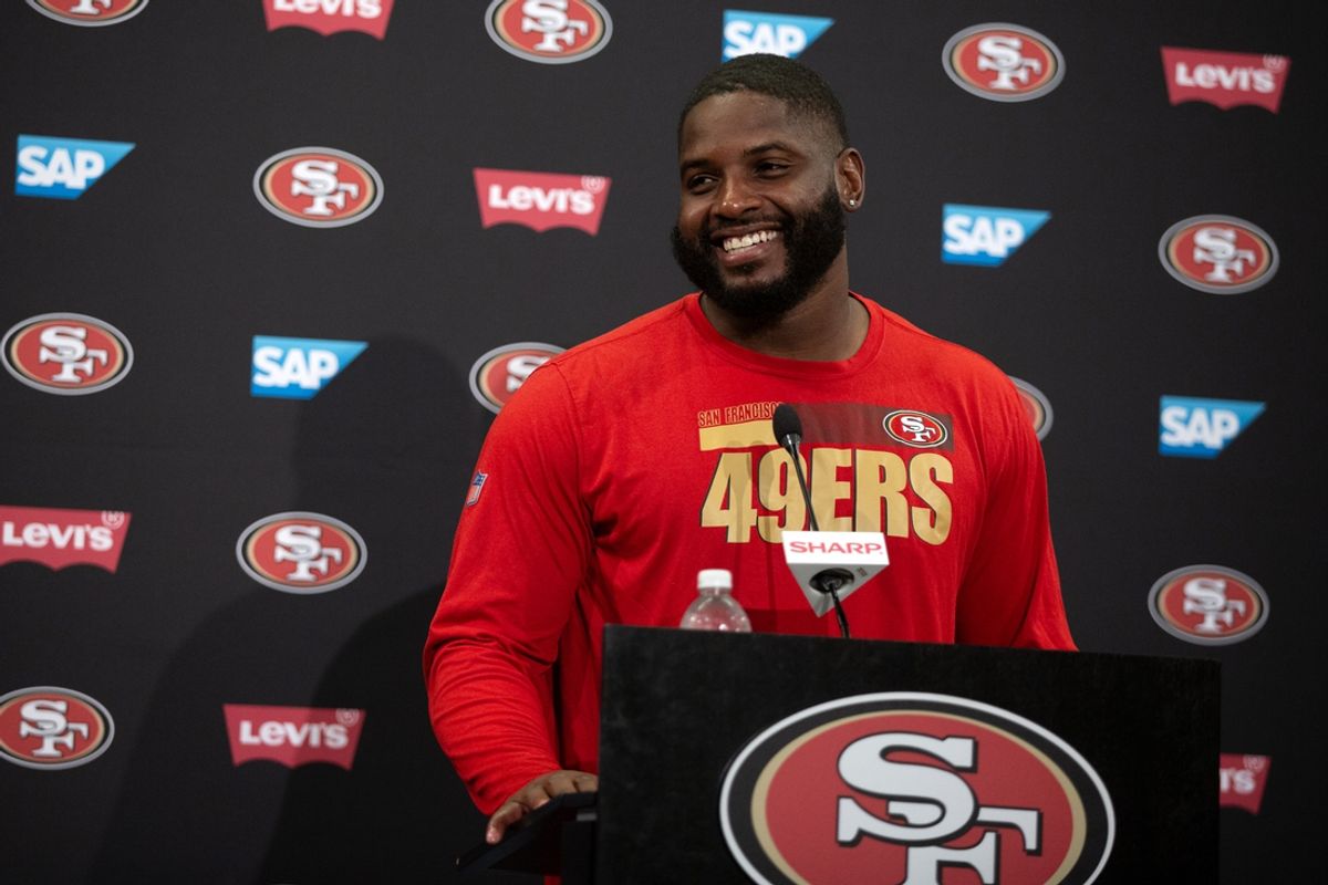 Jul 25, 2024; Santa Clara, CA, USA; San Francisco 49ers defensive lineman Javon Hargrave answers questions at a press conference following Day 3 of training camp at SAP Performance Facility. Mandatory Credit: D. Ross Cameron-Imagn Images