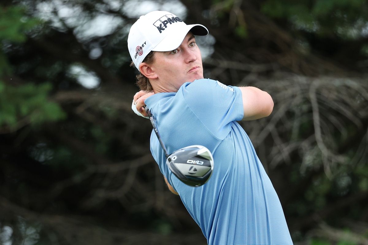 Jul 26, 2024; Blaine, Minnesota, USA; Maverick McNealy hits his tee shot on the second hole during the second round of the 3M Open golf tournament. Mandatory Credit: Matt Krohn-Imagn Images