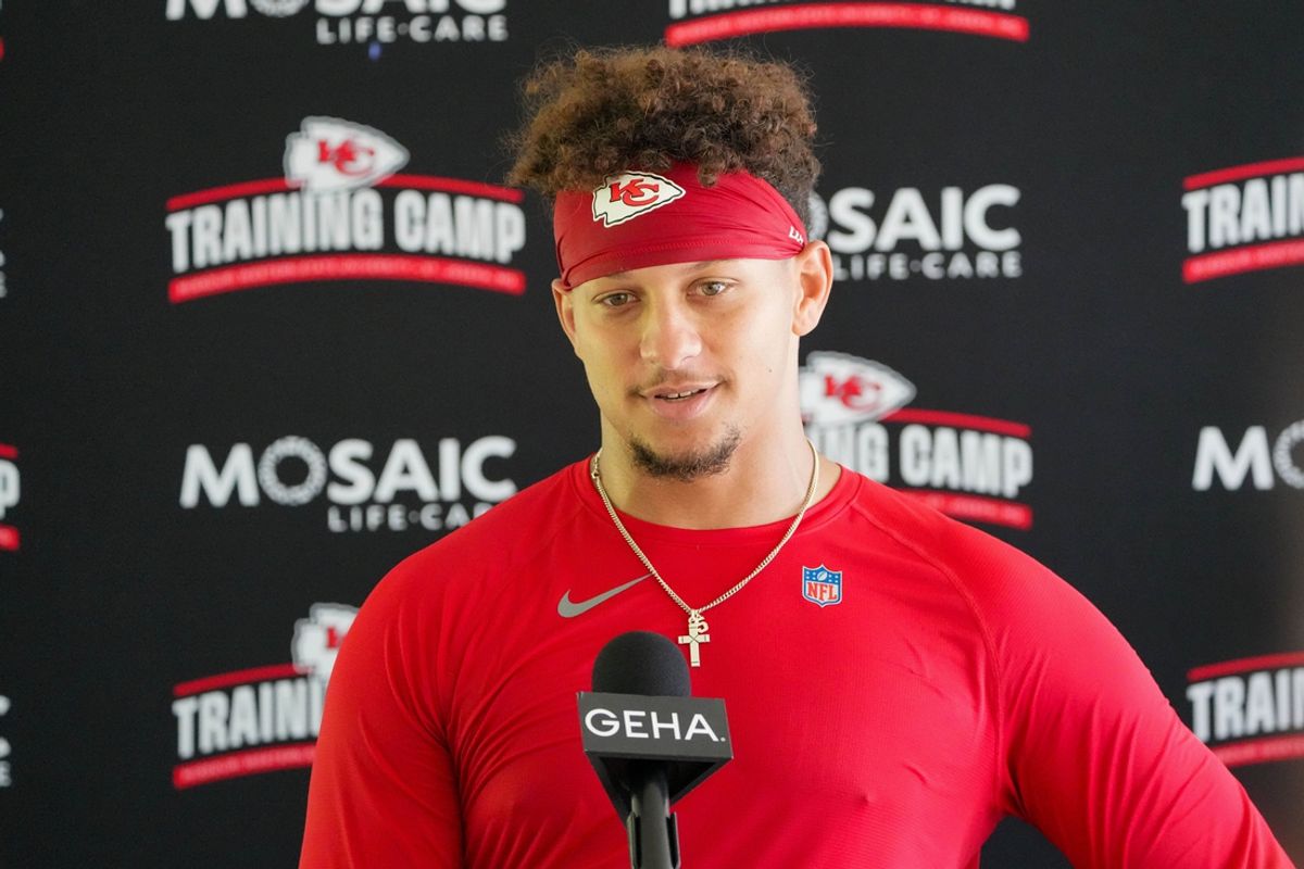 Jul 26, 2024; Kansas City, MO, USA; Kansas City Chiefs quarterback Patrick Mahomes (15) speaks to the media after training camp at Missouri Western State University. Mandatory Credit: Denny Medley-USA TODAY Sports