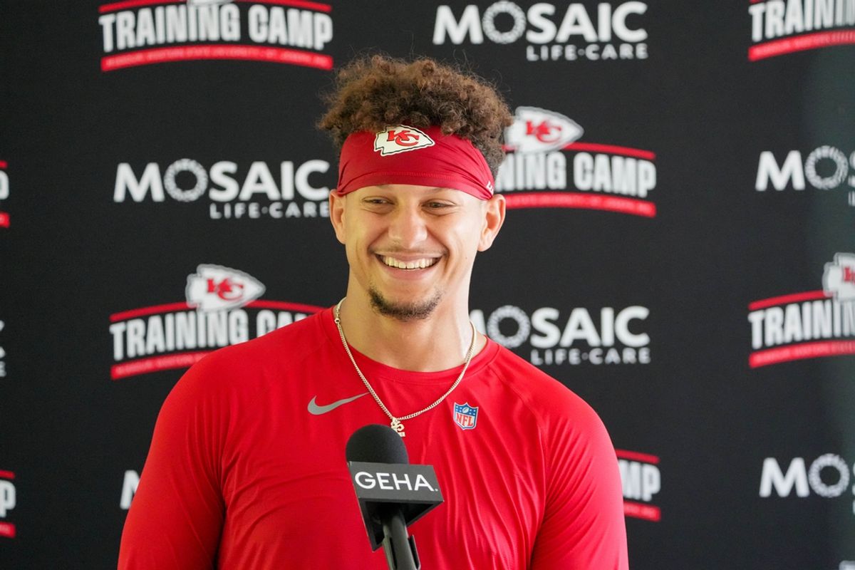 Jul 26, 2024; Kansas City, MO, USA; Kansas City Chiefs quarterback Patrick Mahomes (15) speaks to the media after training camp at Missouri Western State University. Mandatory Credit: Denny Medley-USA TODAY Sports