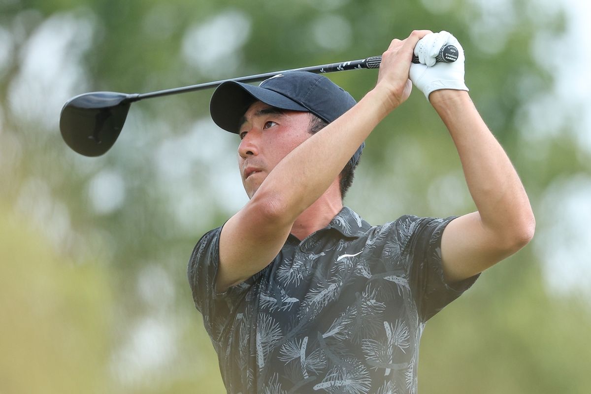 Jul 26, 2024; Blaine, Minnesota, USA; Doug Ghim hits his tee shot on the eighteenth hole during the second round of the 3M Open golf tournament. Mandatory Credit: Matt Krohn-Imagn Images