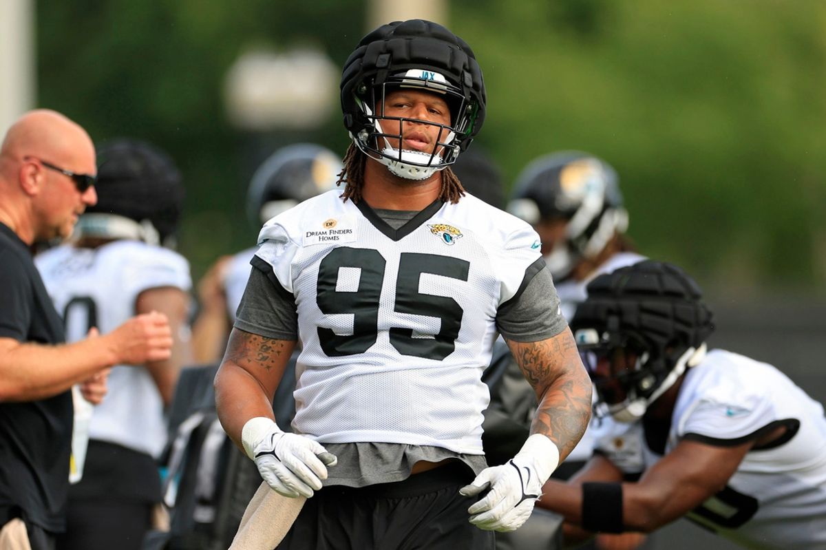 Jacksonville Jaguars defensive end Roy Robertson-Harris (95) finishes a drill during the third day of an NFL football training camp practice Friday, July 26, 2024 at EverBank Stadium’s Miller Electric Center in Jacksonville, Fla.