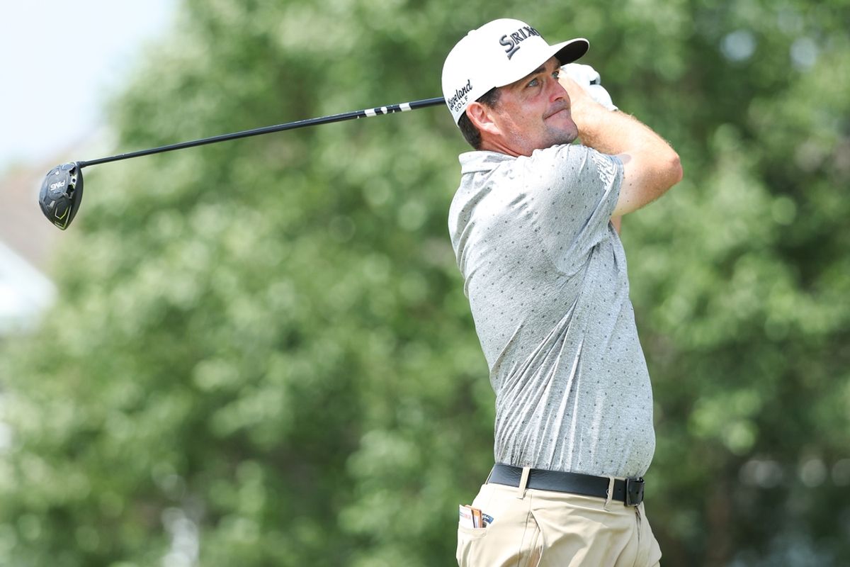 Jul 26, 2024; Blaine, Minnesota, USA; Keegan Bradley hits his tee shot on the fifth hole during the second round of the 3M Open golf tournament. Mandatory Credit: Matt Krohn-USA TODAY Sports