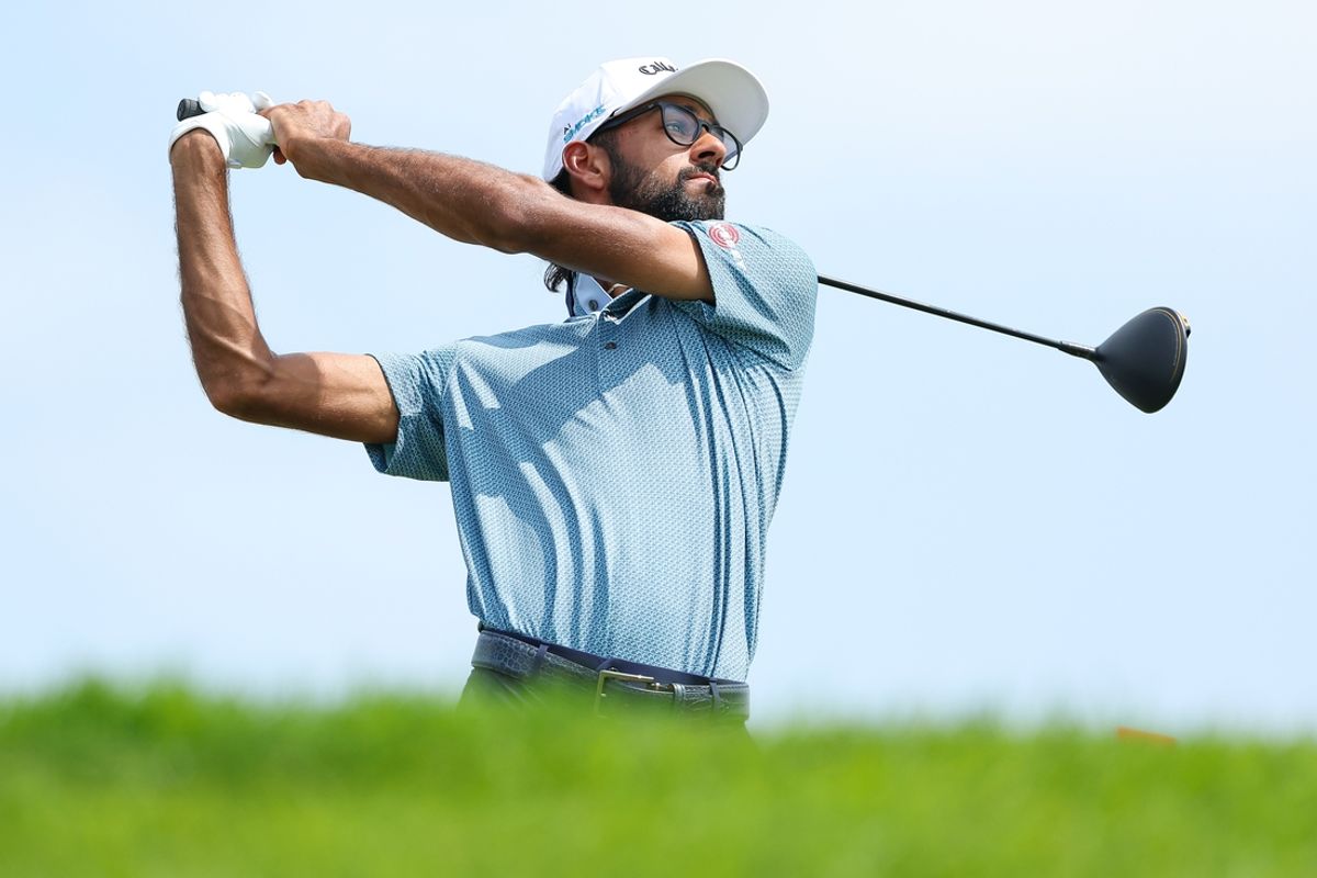 Jul 26, 2024; Blaine, Minnesota, USA; Akshay Bhatia hits his tee shot on the seventh hole during the second round of the 3M Open golf tournament. Mandatory Credit: Matt Krohn-USA TODAY Sports