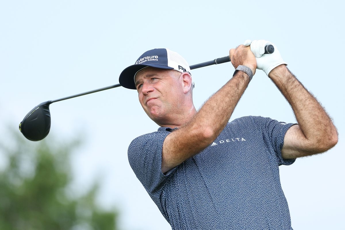 Jul 26, 2024; Blaine, Minnesota, USA; Stewart Cink hits his tee shot on the eighteenth hole during the second round of the 3M Open golf tournament. Mandatory Credit: Matt Krohn-Imagn Images