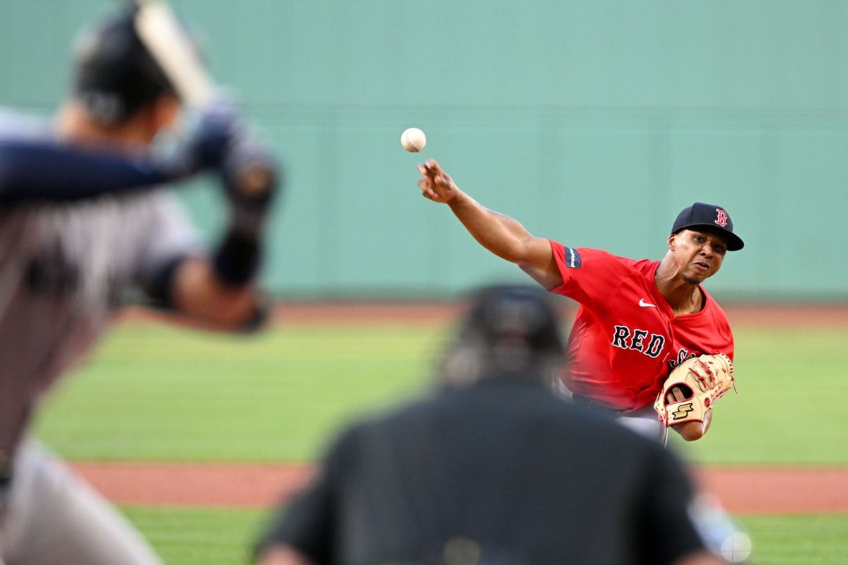 Jul 26, 2024; Boston, Massachusetts, USA; Boston Red Sox pitcher Brayan Bello (66) pitches against the New York Yankees during the first inning at Fenway Park. Mandatory Credit: Brian Fluharty-USA TODAY Sports
