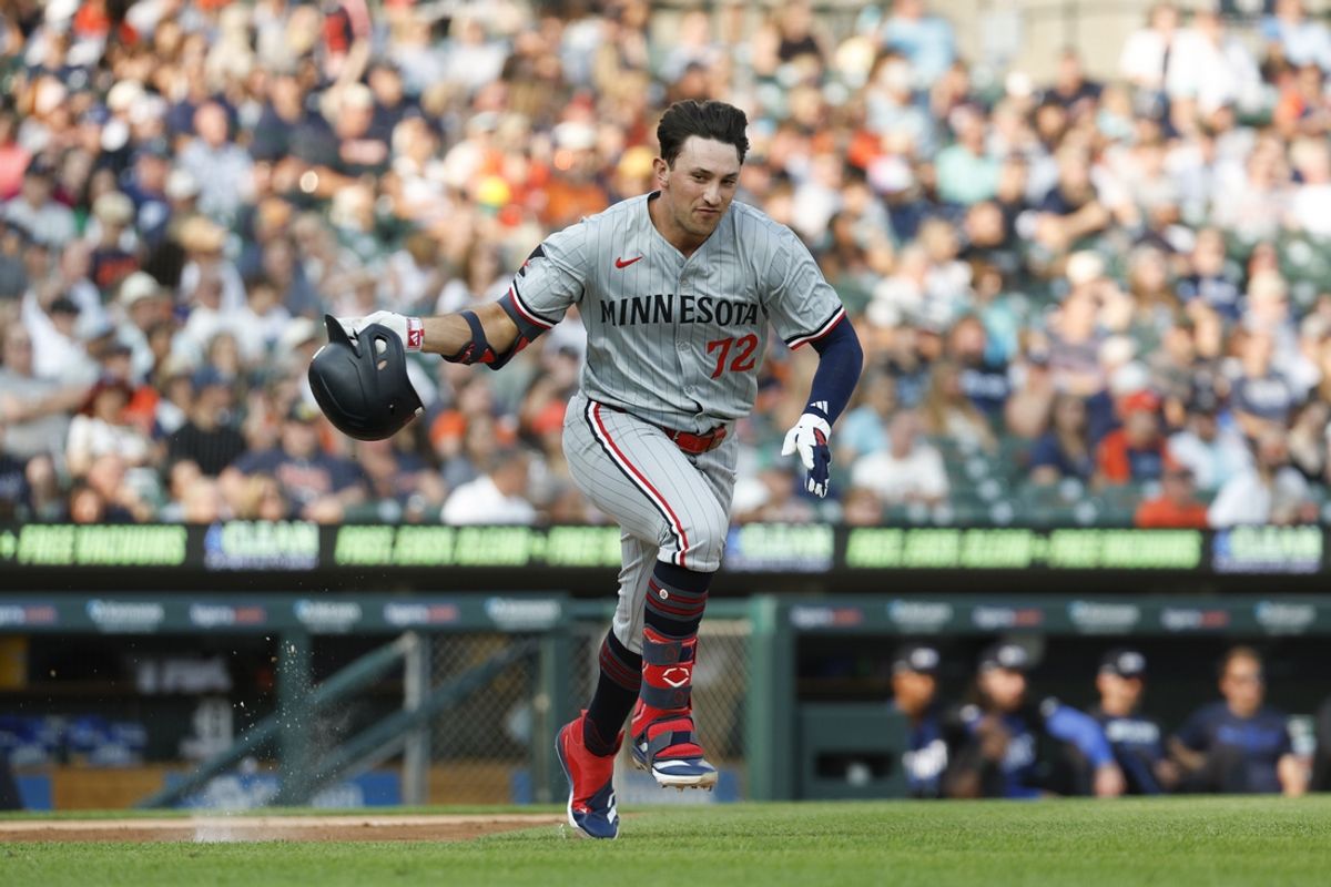 Jul 26, 2024; Detroit, Michigan, USA; Minnesota Twins third baseman Brooks Lee (72) runs to first base after hitting a single during the second inning of the game against the Detroit Tigers at Comerica Park. Mandatory Credit: Brian Bradshaw Sevald-USA TODAY Sports