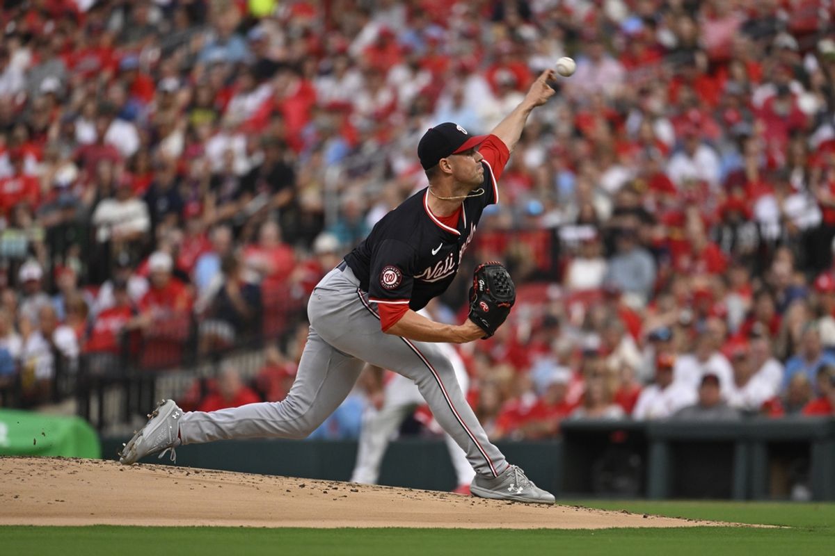 Jul 26, 2024; St. Louis, Missouri, USA; Washington Nationals starting pitcher MacKenzie Gore (1) throws against the St. Louis Cardinals during the first inning at Busch Stadium. Mandatory Credit: Jeff Le-USA TODAY Sports
