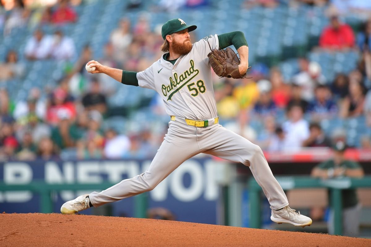 Jul 26, 2024; Anaheim, California, USA; Oakland Athletics starting pitcher Paul Blackburn (58)  throws against the Los Angeles Angels during the first inning at Angel Stadium. Mandatory Credit: Gary A. Vasquez-USA TODAY Sports