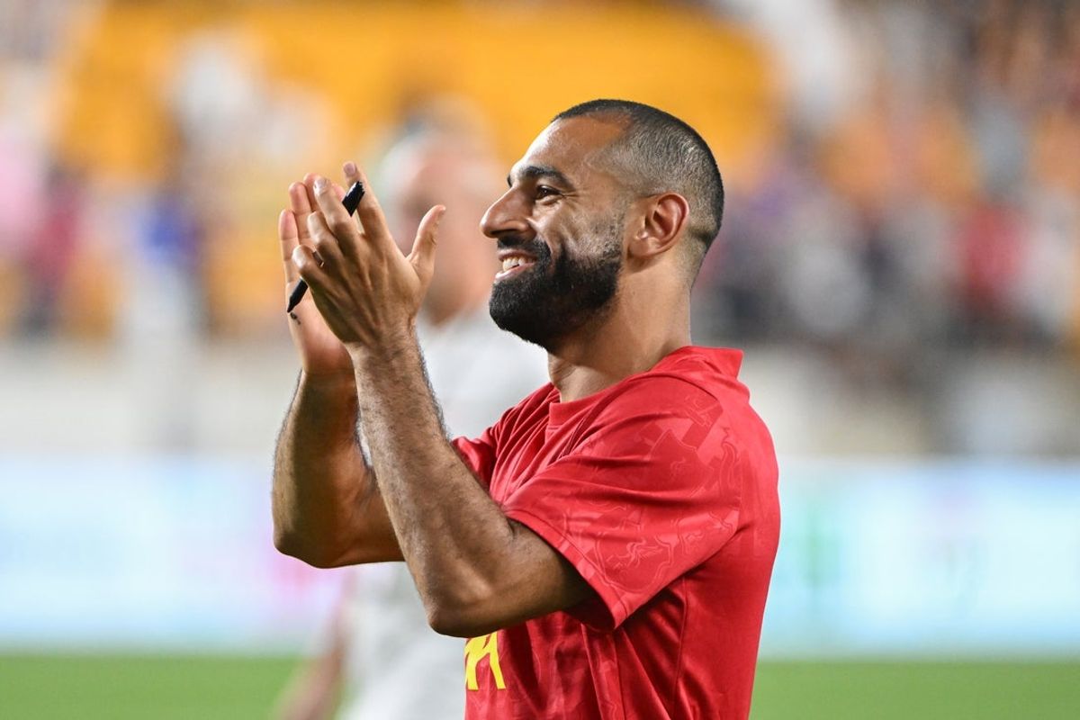 Jul 26, 2024; Pittsburgh, PA, USA; Liverpool forward Mohamed Salah (11) celebrates a win against Real Betis at Acrisure Stadium. Mandatory Credit: Barry Reeger-Imagn Images