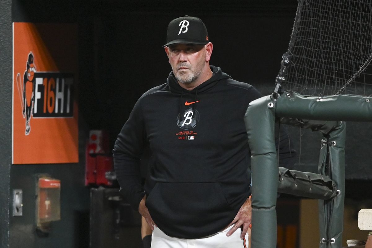 Jul 26, 2024; Baltimore, Maryland, USA;  Baltimore Orioles manager Brandon Hyde (18) stands in the dugout during the eighth inning of there game against the San Diego Padres at Oriole Park at Camden Yards. Mandatory Credit: Tommy Gilligan-USA TODAY Sports