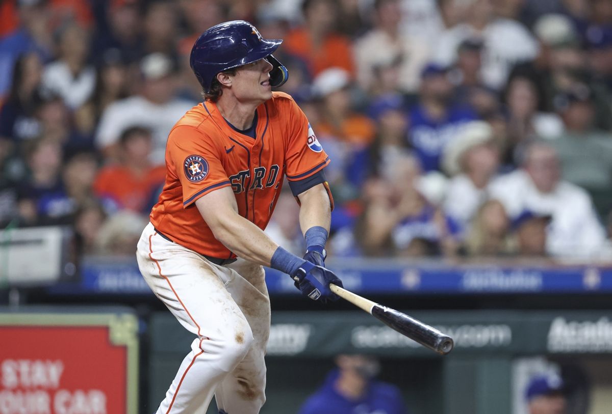 Jul 26, 2024; Houston, Texas, USA; Houston Astros center fielder Jake Meyers (6) hits a double during the eighth inning against the Los Angeles Dodgers at Minute Maid Park. Mandatory Credit: Troy Taormina-USA TODAY Sports