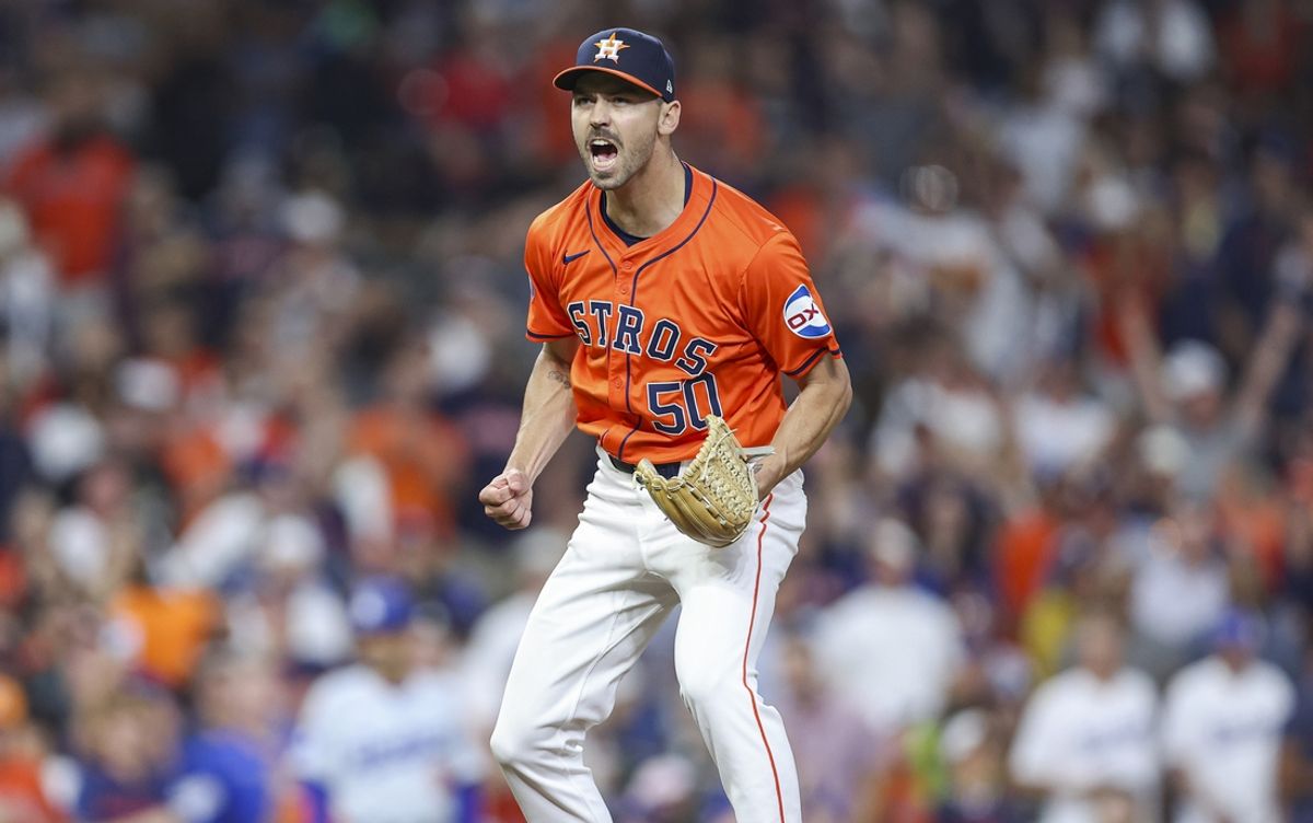 Jul 26, 2024; Houston, Texas, USA; Houston Astros relief pitcher Tayler Scott (50) reacts after the final out during the ninth inning against the Los Angeles Dodgers at Minute Maid Park. Mandatory Credit: Troy Taormina-USA TODAY Sports