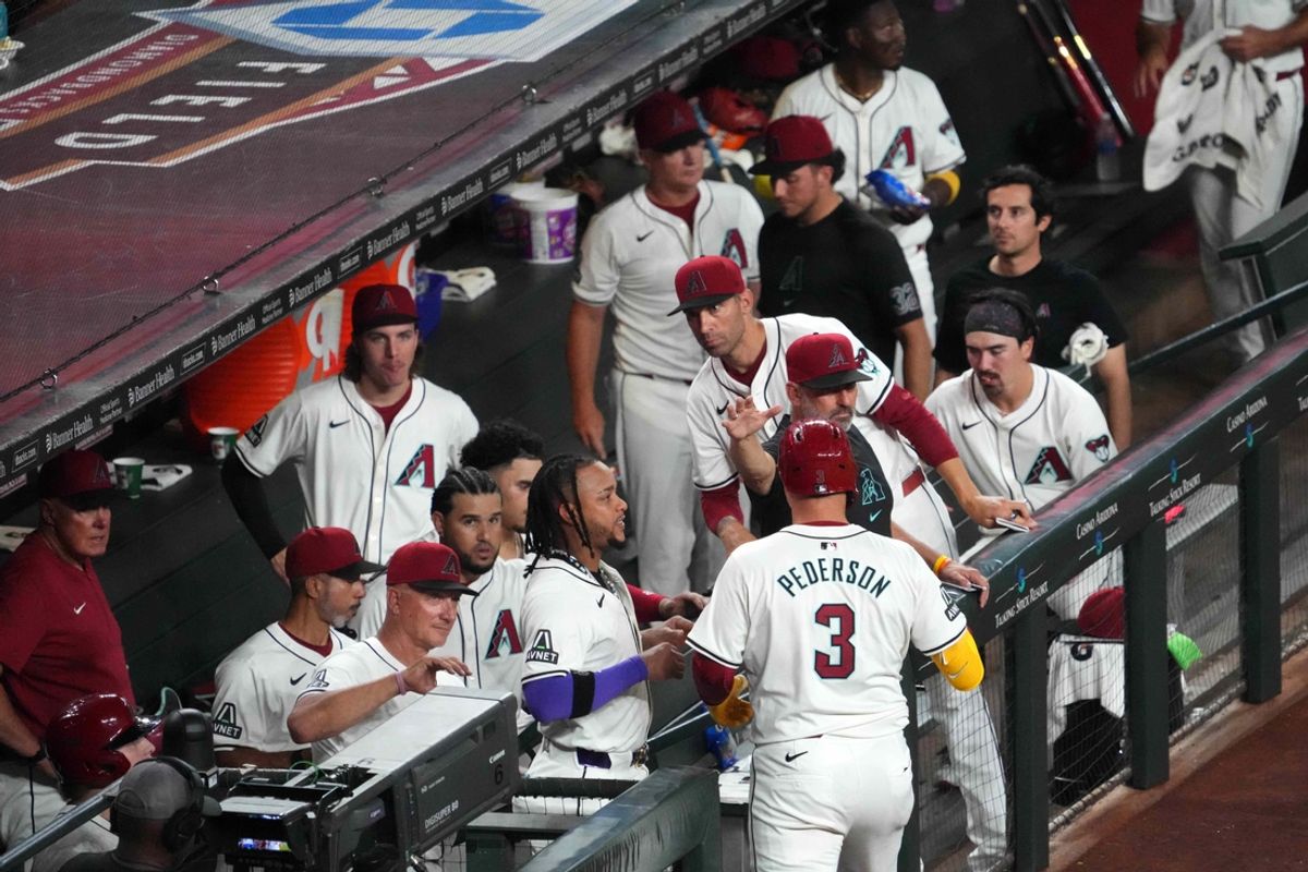 Jul 26, 2024; Phoenix, Arizona, USA; Arizona Diamondbacks designated hitter Joc Pederson (3) returns to the dugout after hitting a solo home run against the Pittsburgh Pirates during the sixth inning at Chase Field. Mandatory Credit: Joe Camporeale-USA TODAY Sports