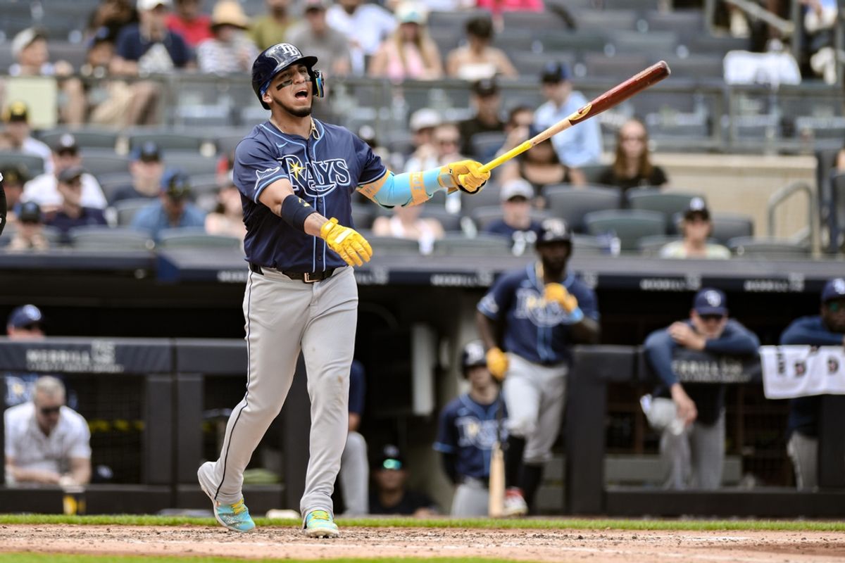 Jul 21, 2024; Bronx, New York, USA; Tampa Bay Rays third baseman Isaac Paredes (17) reacts after striking out against the New York Yankees during the fourth inning at Yankee Stadium. Mandatory Credit: John Jones-USA TODAY Sports