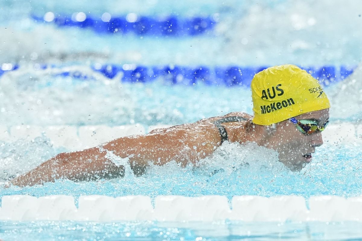 Jul 27, 2024; Nanterre, France; Emma McKeon (Australia) in the women’s 100-meter butterfly preliminary heats during the Paris 2024 Olympic Summer Games at Paris La Défense Arena. Mandatory Credit: Grace Hollars-Imagn Images