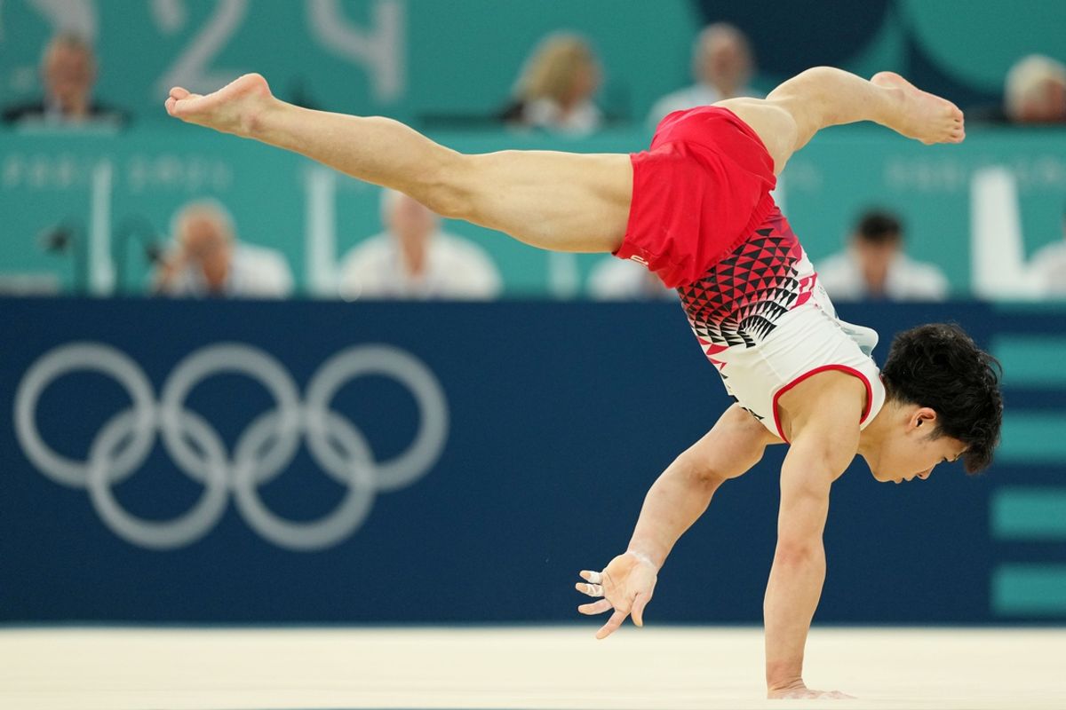 Shinnosuke Oka of Japan performs on the floor exercise during the Paris 2024 Olympic Summer Games at Bercy Arena. Mandatory Credit: James Lang-USA TODAY Sports