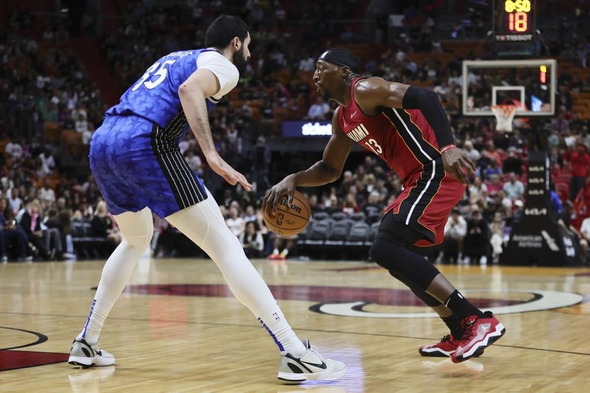 Jan 12, 2024; Miami, Florida, USA; Miami Heat center Bam Adebayo (13) dribbles the basketball as Orlando Magic center Goga Bitadze (35) defends during the first quarter at Kaseya Center.
