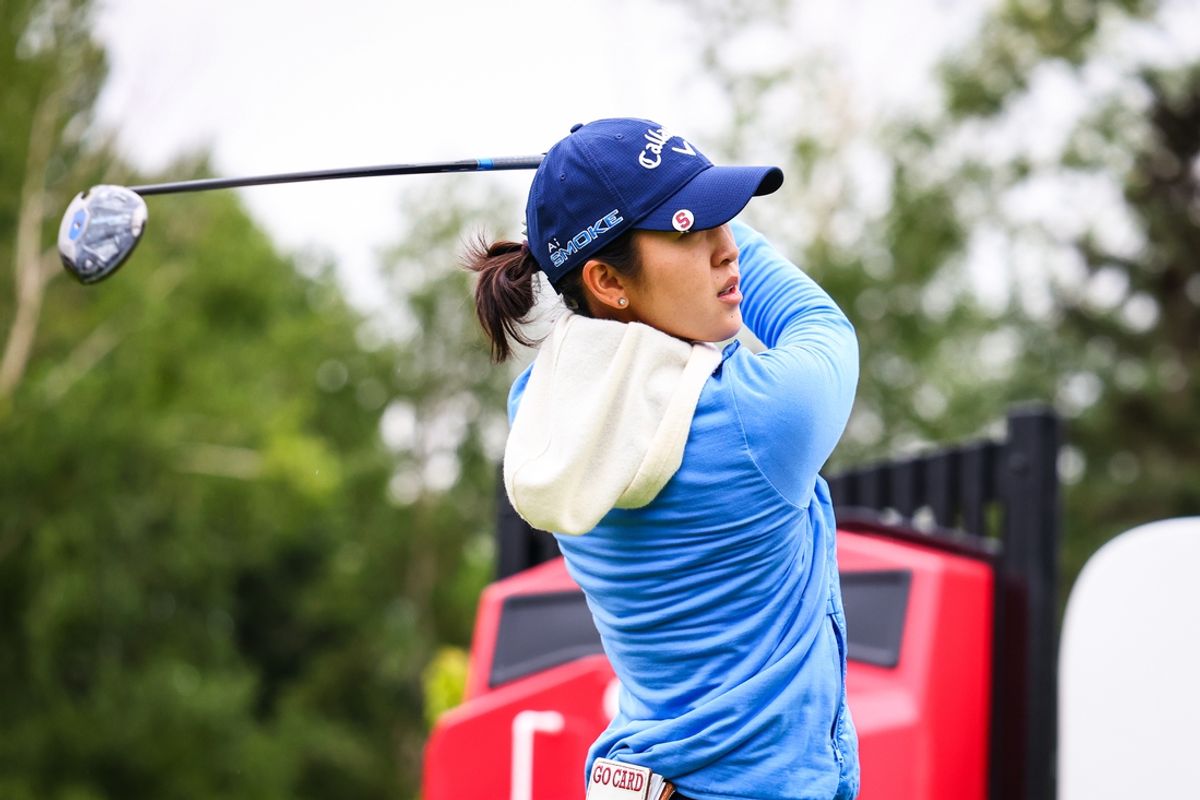 Jul 27, 2024; Calgary, Alberta, CAN; Andrea Lee plays her shot from the first tee during the third round of the CPKC Women's Open golf tournament. Mandatory Credit: Sergei Belski-USA TODAY Sports