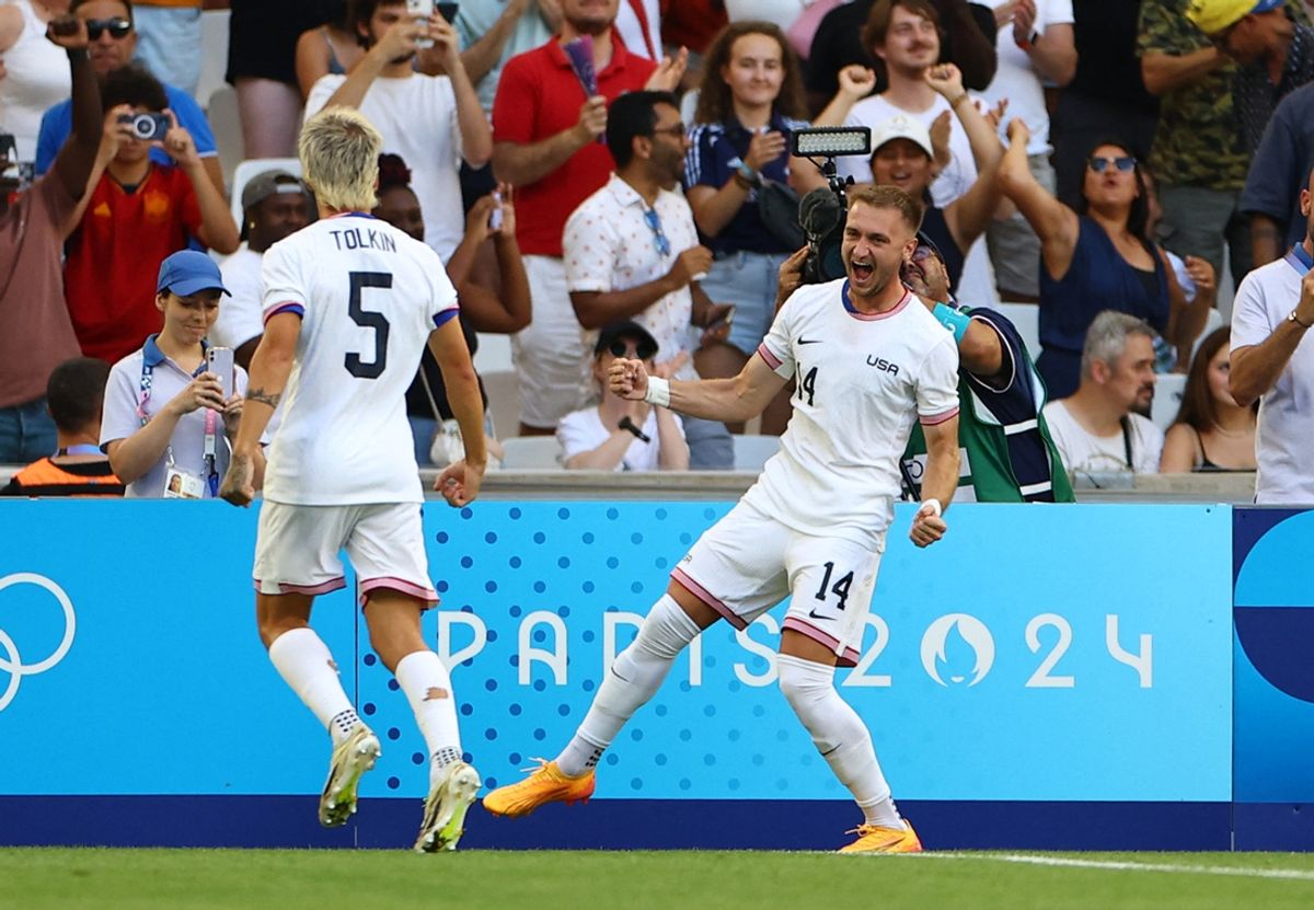 Djordje Mihailovic of United States celebrates with teammates after scoring a goal against New Zealand in a Group A match during the Paris 2024 Olympic Summer Games at Orange Velodrome. Mandatory Credit:  Luisa Gonzalez/Reuters via USA TODAY Sports