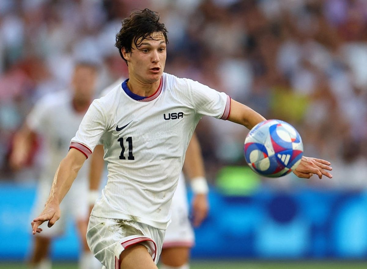 [US, Mexico & Canada customers only] Jul 27, 2024; Marseille, France; Paxten Aaronson of United States in action against New Zealand in a Group A match during the Paris 2024 Olympic Summer Games at Orange Velodrome. Mandatory Credit:  Luisa Gonzalez/Reuters via Imagn Images