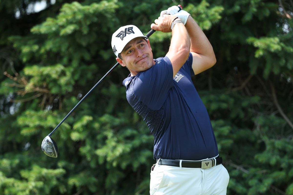 Jul 27, 2024; Blaine, Minnesota, USA; Justin Lower hits his tee shot on the second hole during the third round of the 3M Open golf tournament. Mandatory Credit: Matt Krohn-Imagn Images