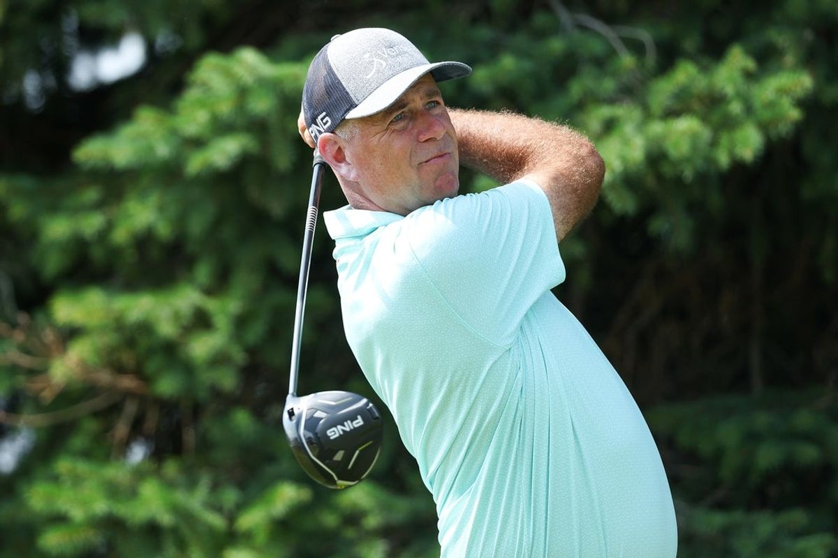 Jul 27, 2024; Blaine, Minnesota, USA; Stewart Cink hits his tee shot on the second hole during the third round of the 3M Open golf tournament. Mandatory Credit: Matt Krohn-Imagn Images