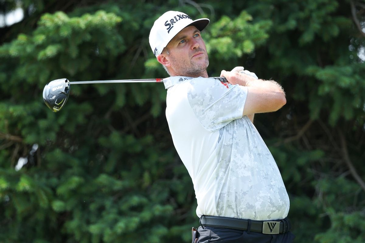 Jul 27, 2024; Blaine, Minnesota, USA; Taylor Pendrith hits his tee shot on the second hole during the third round of the 3M Open golf tournament. Mandatory Credit: Matt Krohn-Imagn Images