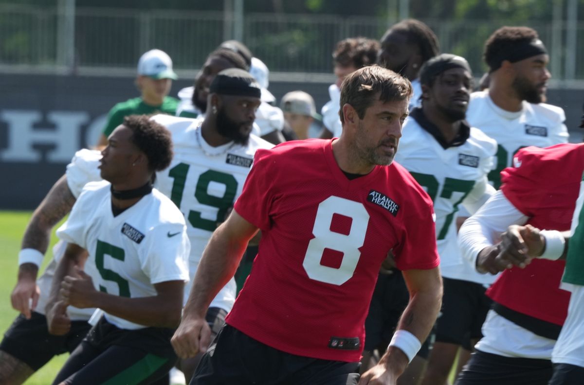 Florham Park, NJ -- July 27, 2024 -- Quarterback, Aaron Rodgers gets ready for the upcoming season at New York Jets training camp this morning.