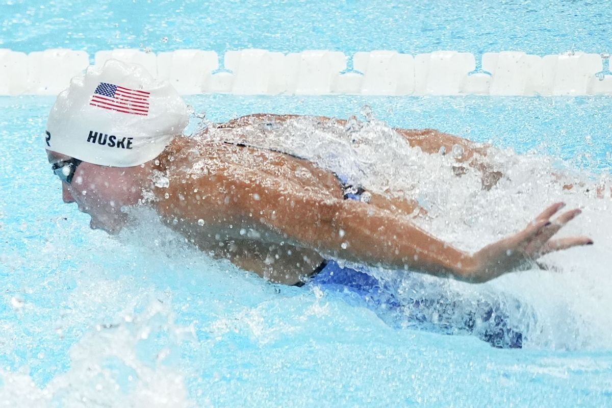 Jul 27, 2024; Nanterre, France; Torri Huske (USA) in the women’s 100-meter butterfly semifinal during the Paris 2024 Olympic Summer Games at Paris La Défense Arena.  Mandatory Credit: Grace Hollars-USA TODAY Sports