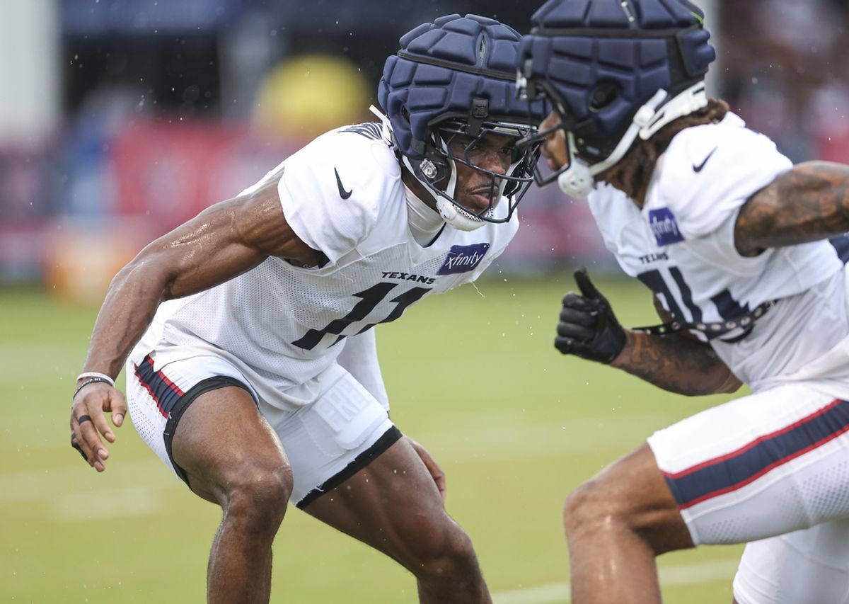 Jul 27, 2024; Houston, TX, USA; Houston Texans cornerback Jeff Okudah (11) during training camp at Houston Methodist Training Center. Mandatory Credit: Troy Taormina-Imagn Images