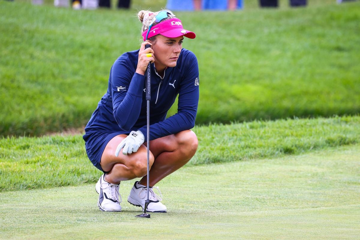Jul 27, 2024; Calgary, Alberta, CAN; Lexi Thompson lines up her putt on the first green during the third round of the CPKC Women's Open golf tournament. Mandatory Credit: Sergei Belski-Imagn Images